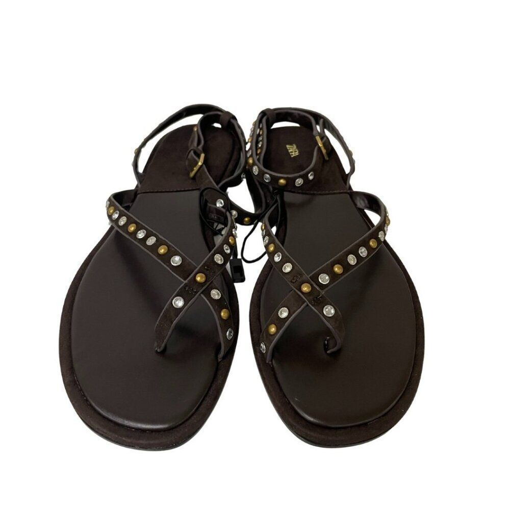 Zara Women Beaded Leather Sandals EU 41 US 10 Brown Ankle strap 1614/610 NWOB - Picture 3 of 11